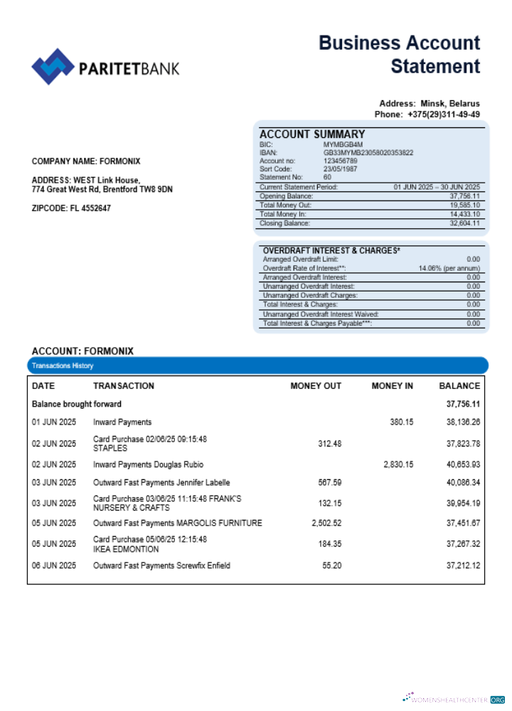 Download Paritet bank company account statement Word and PDF format Photoshop template